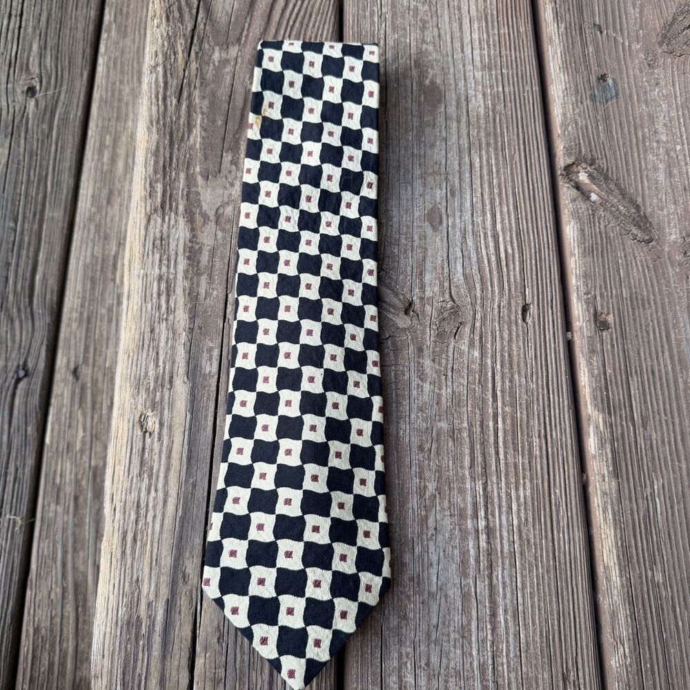 Vintage Fairfax for J Riggings 100% Silk Necktie Navy Ivory Geometric Checker